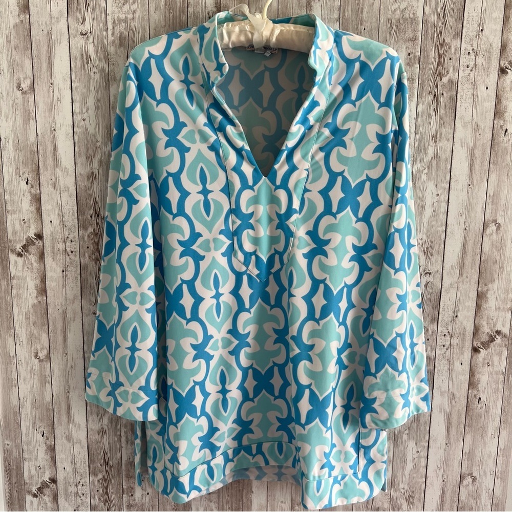 Jude Connally Aqua and White Patterned Tunic Summer Resort Large